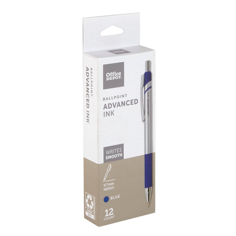 Office Depot Advanced Ink Retractable Ballpoint Pens, Needle Point, 0.7 mm, Silver Barrel, Blue Ink, Pack Of 12 - Image 3